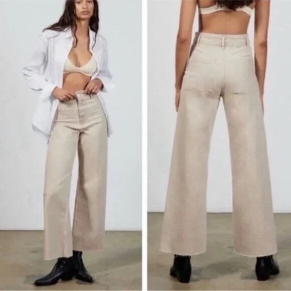 Zara The Marine Straight Pants Wide-leg High-rise Beige 2 XS Raw Ham - Picture 1 of 8